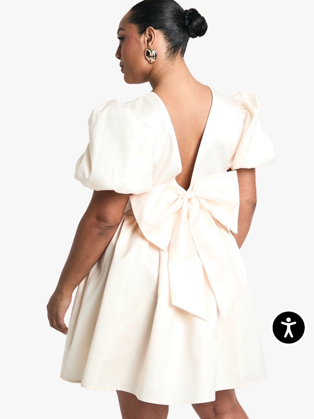 Boohoo Ivory Puff-Sleeve Mini Dress with Bow - Picture 2 of 6
